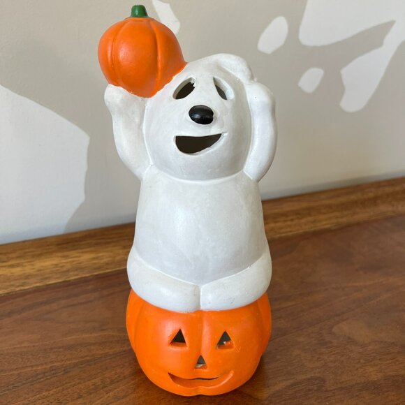 Vintage Ceramic Halloween Ghost & Pumpkin Tea Light Candle Holder Jack-O-Lantern - Picture 3 of 16